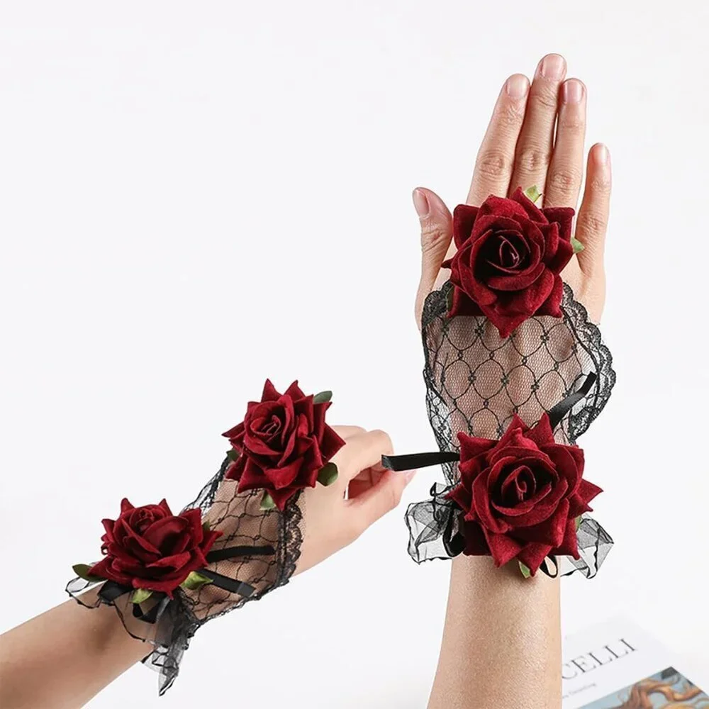 Women's Black Flower Rose Lace Hand Sleeve Gloves Wedding Halloween Accessories